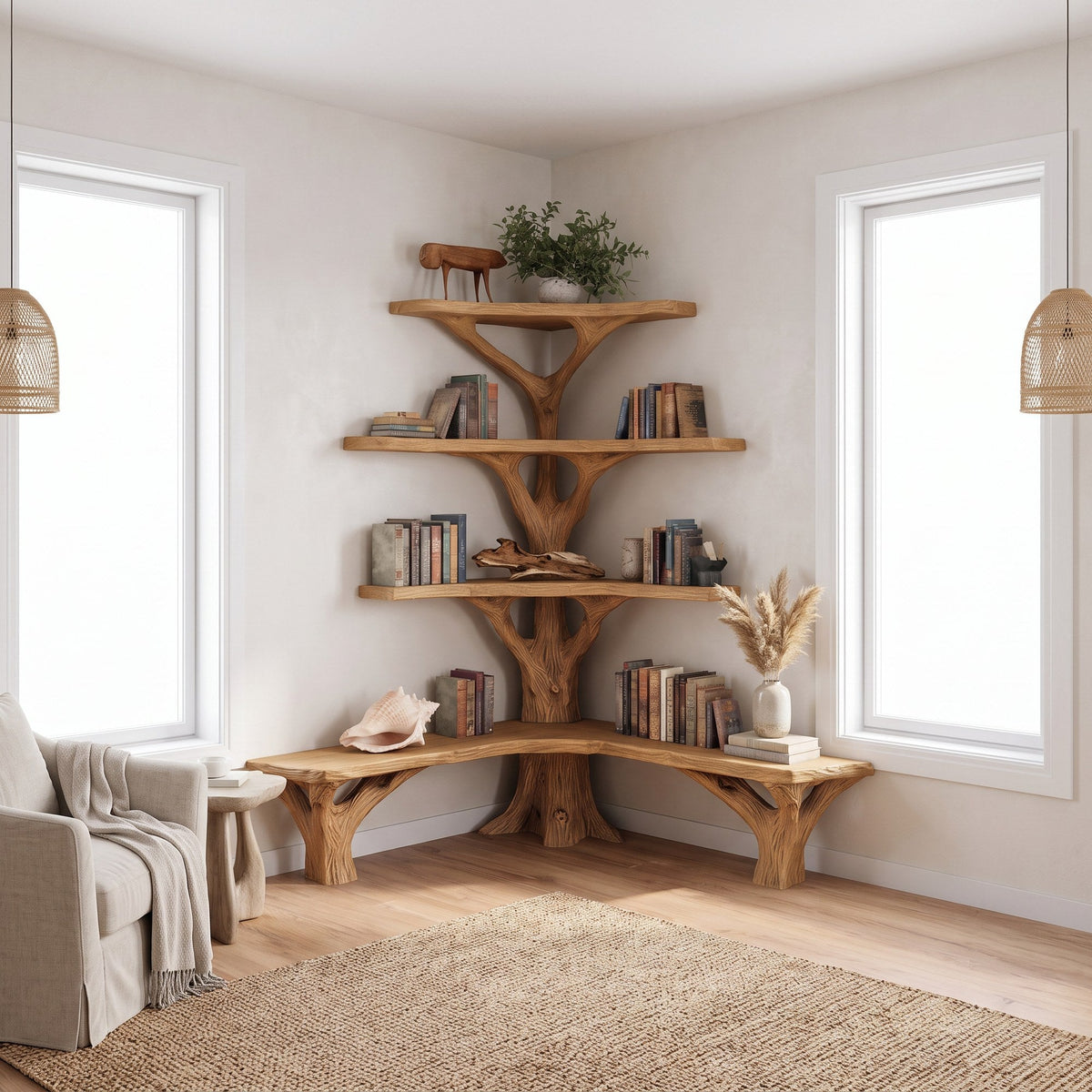Rustic Tree Bookshelf Corner Living Room