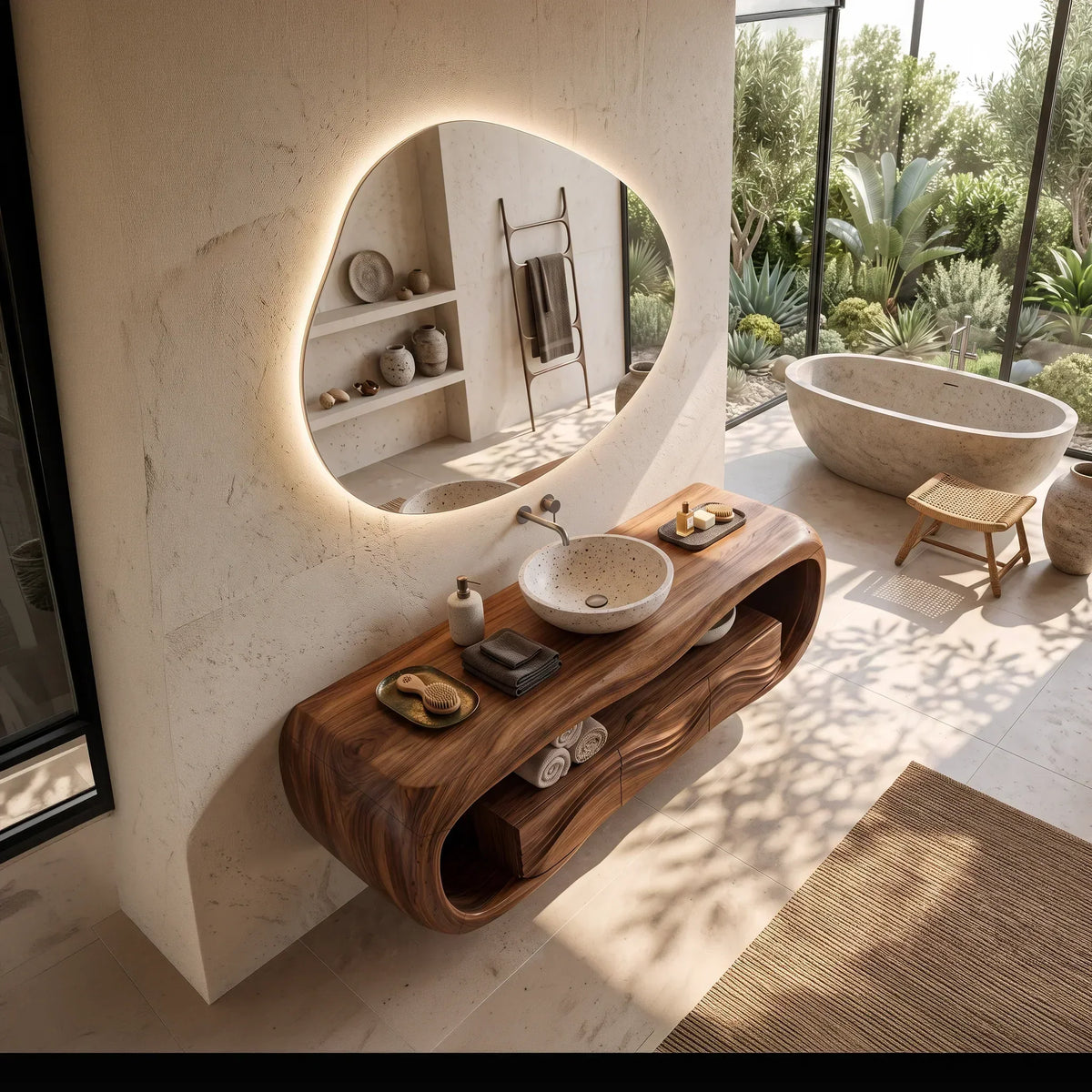 Sculptural Wall Mounted Bathroom Vanity Curved Shelves For Luxury Bathroom