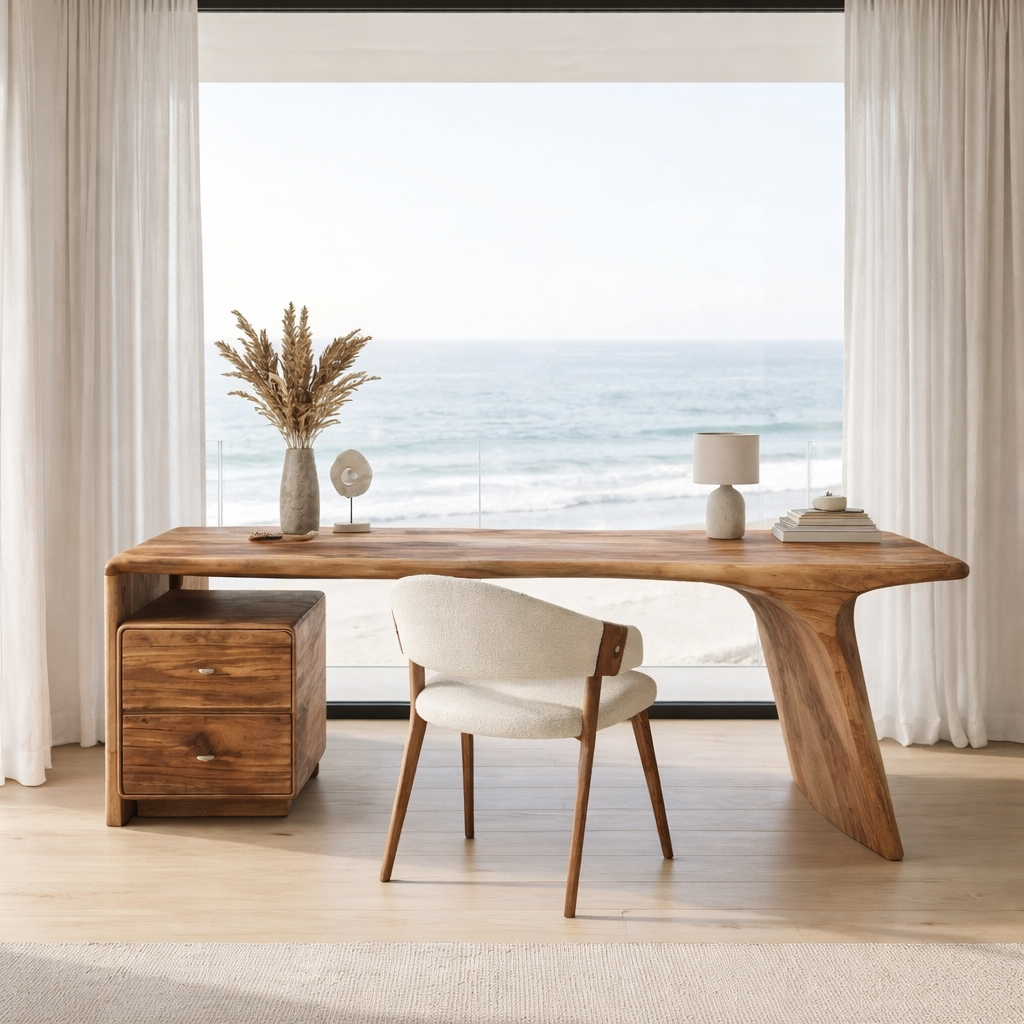 Curved Pedestal Wood Writing Desk with Drawers, 59 to 79 in Wide