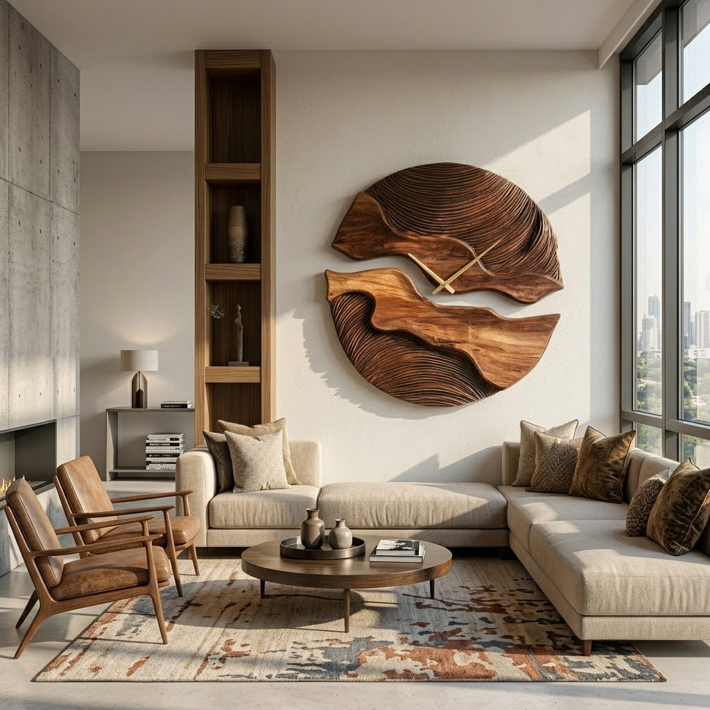 Carved Solid Wood Wall Clock with Organic Split Form