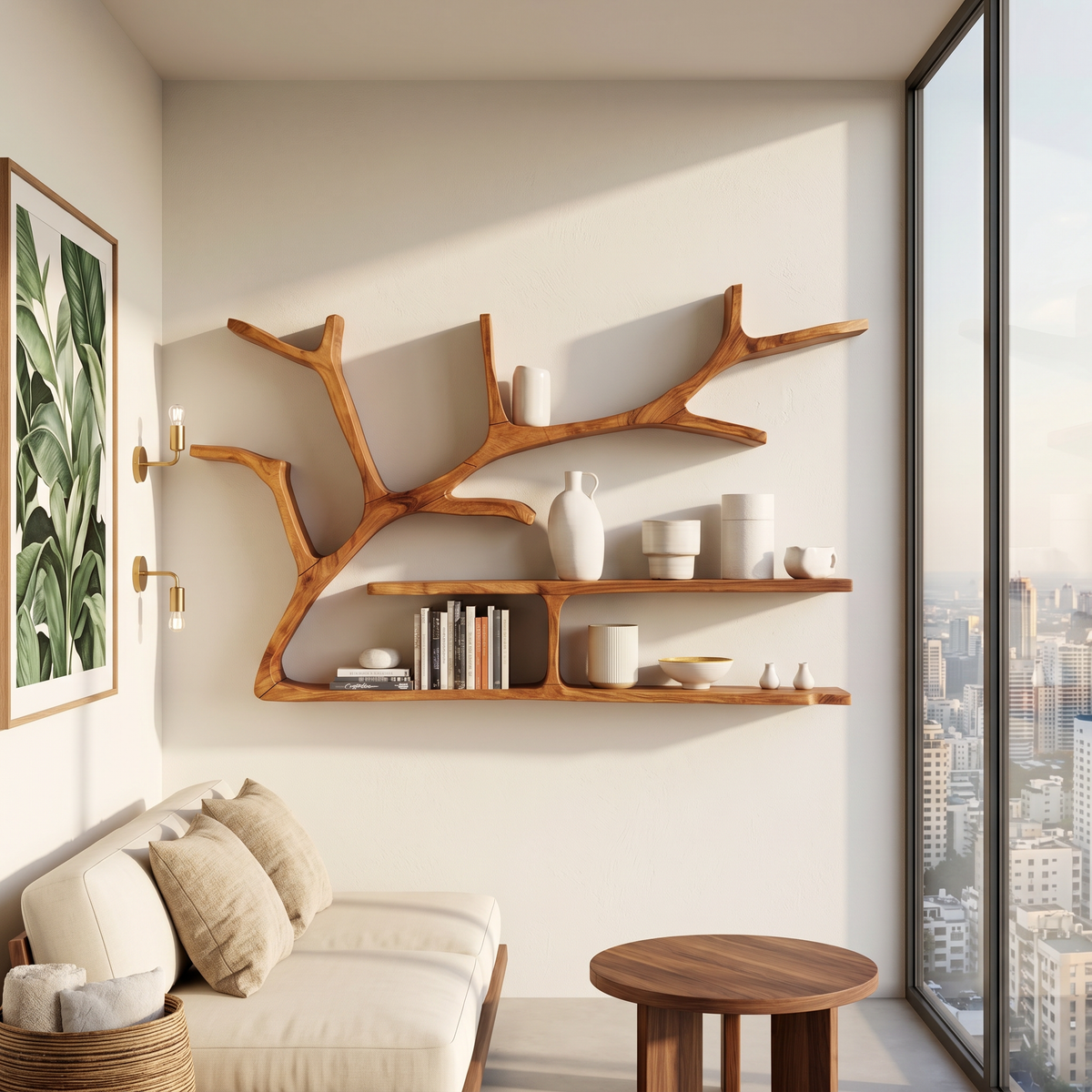 Rustic Tree Branch Floating Shelves For Living Room
