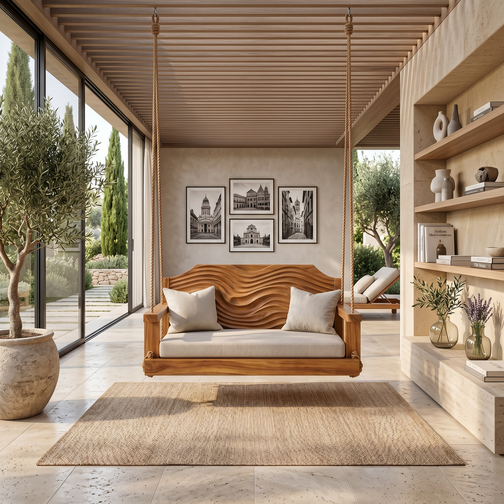 Hanging Wood Swing Chair With Carved Back For Indoor Reading Nooks