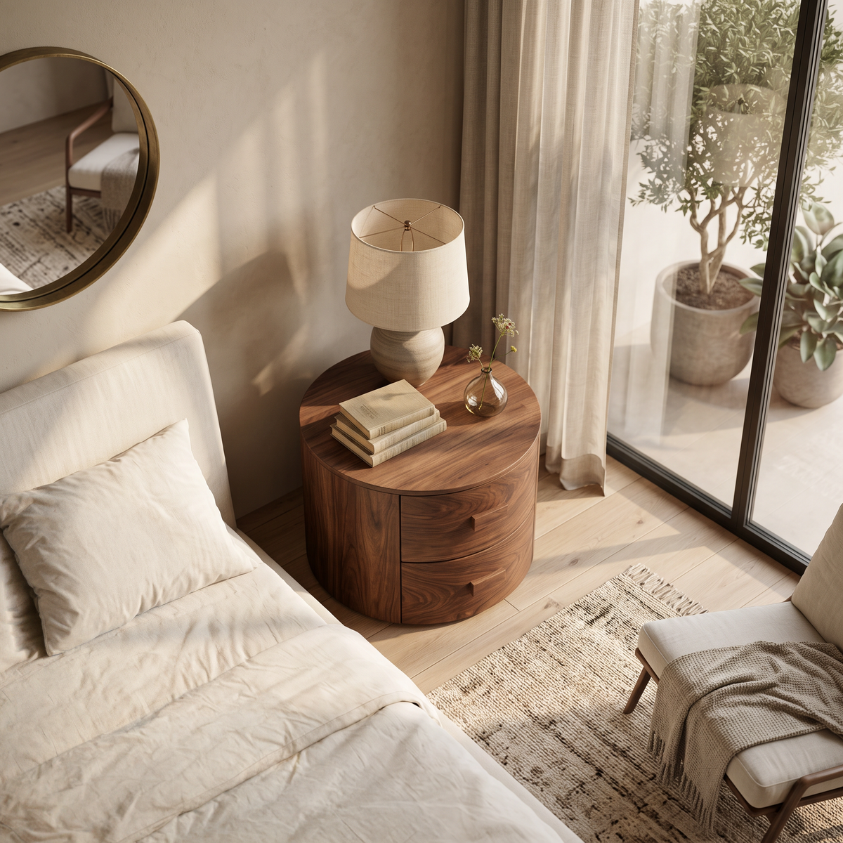 Modern Round Wooden Nightstand With 2 Drawers