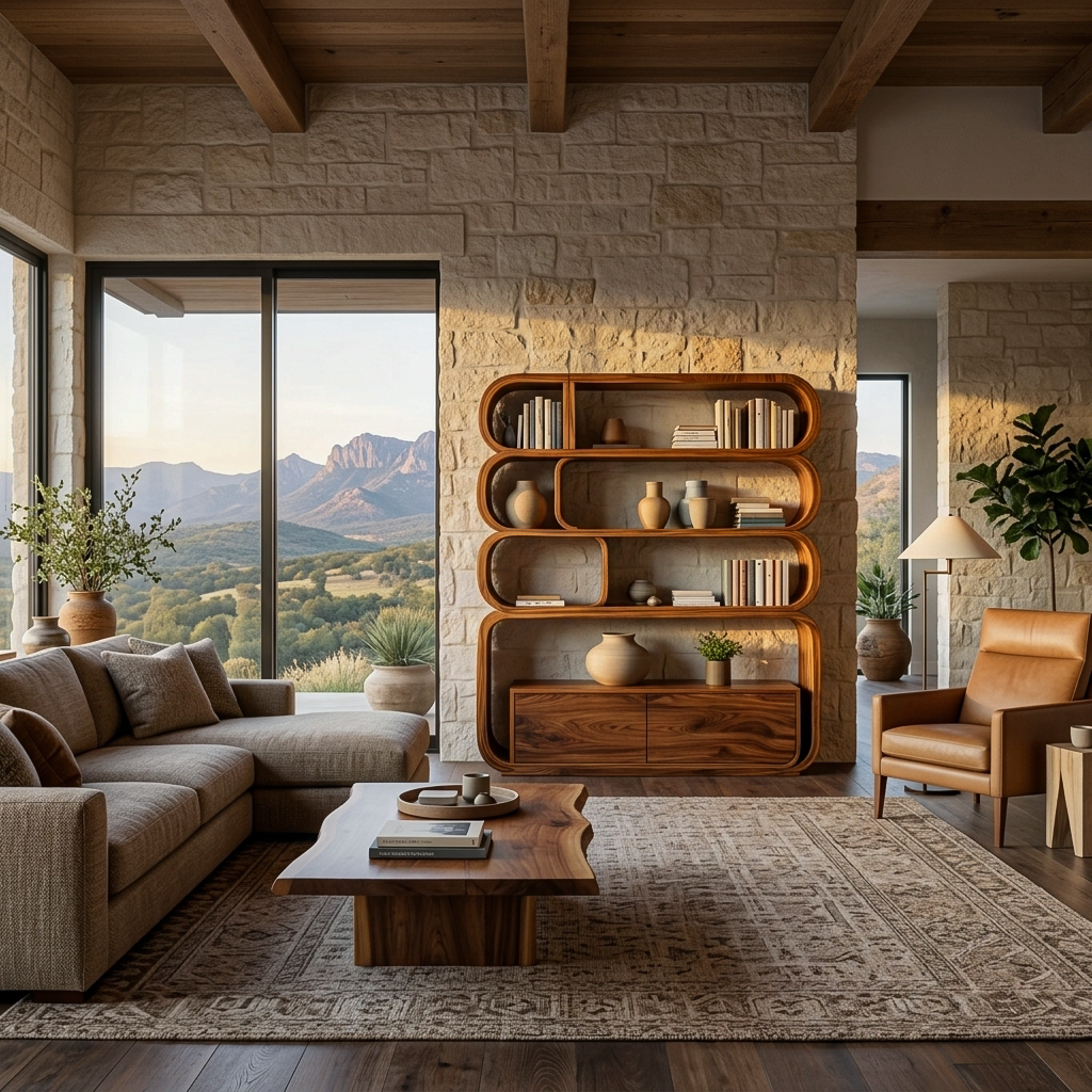 Modern Natural Wood Bookshelf With Curved Structure