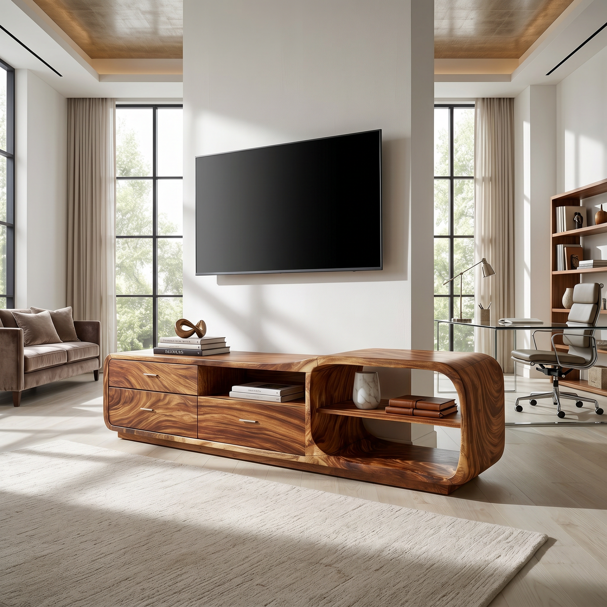 Organic Curve Wooden Media Stand With Side Extension, 51 To 83 In
