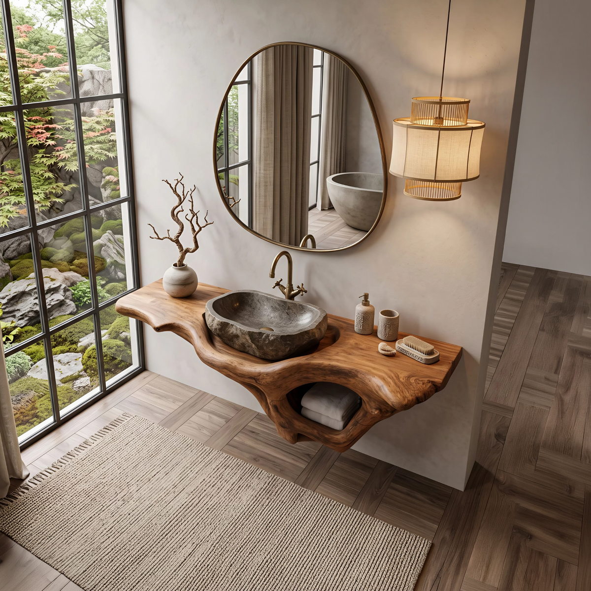 Mid-Century Live Edge Solid Wood Bathroom Vanity Shelf