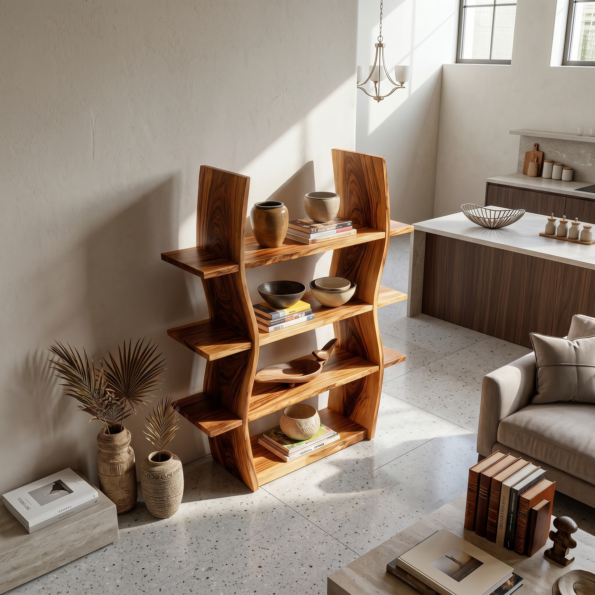 Wave Form Open Wood Storage Shelf, 47 To 79 Inch Tall