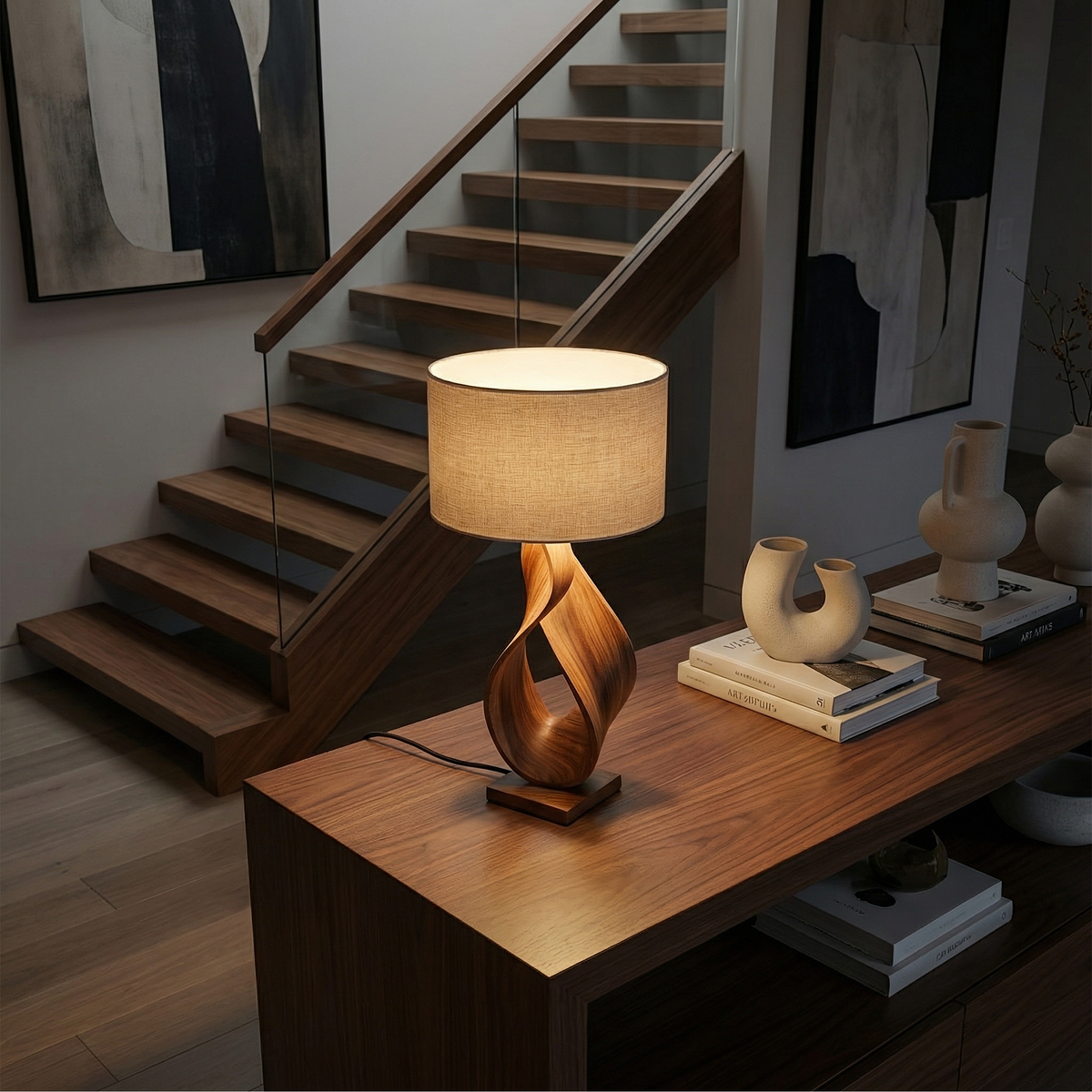 Carved Monkey Pod Wood Accent Lamp for Desk or Shelf, 14 to 20 in