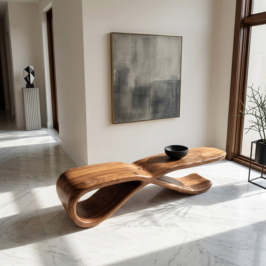 Intertwined Curve Wooden Hallway Bench, 47 To 73 Inch Long