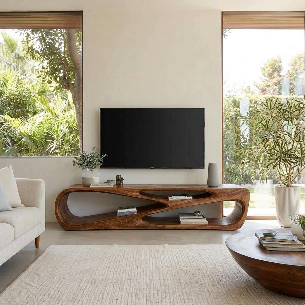 Low Profile Curved Wood Media Console With Open Storage