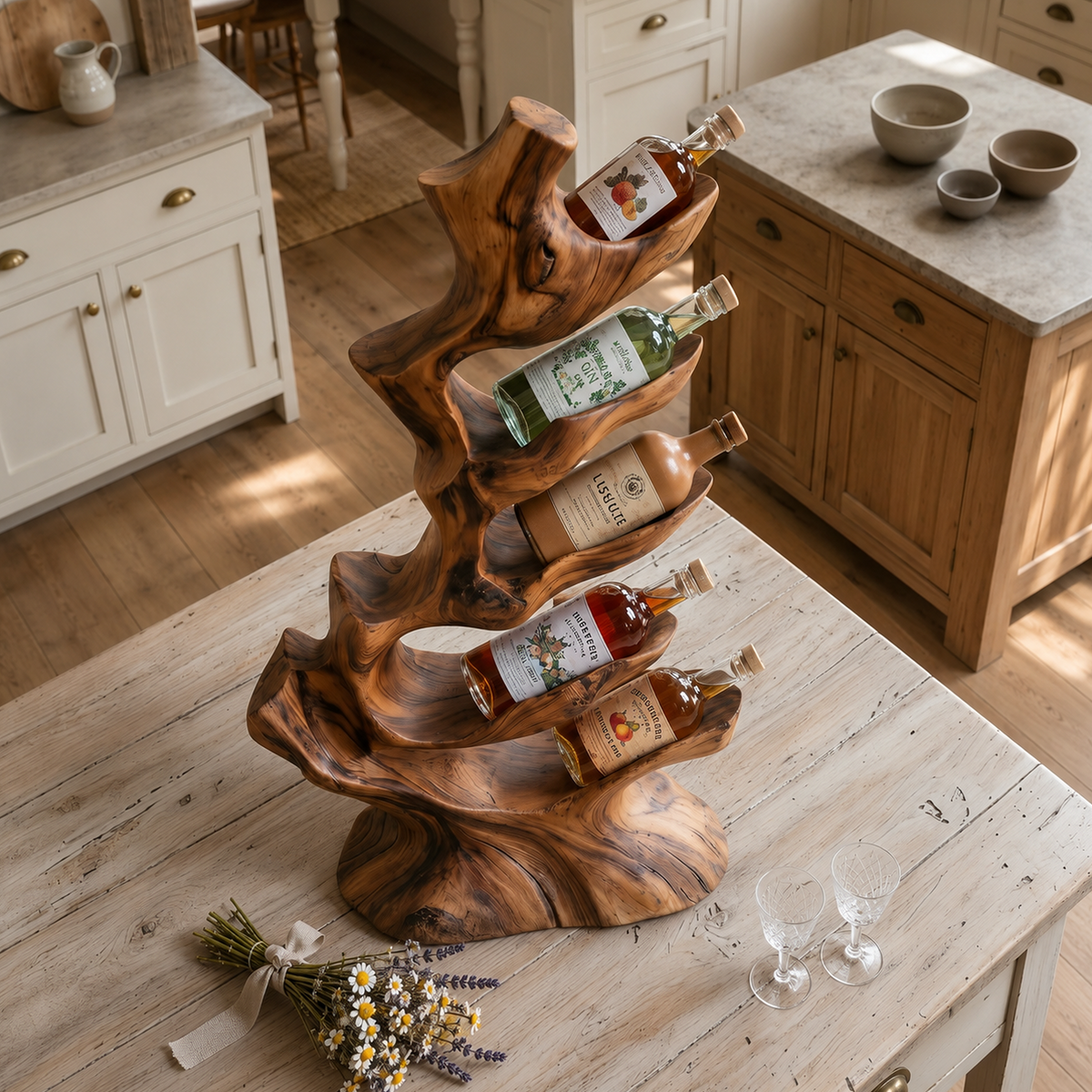 Standing Monkeypod Wood Wine Bottle Holder, 22 to 45 in Tall