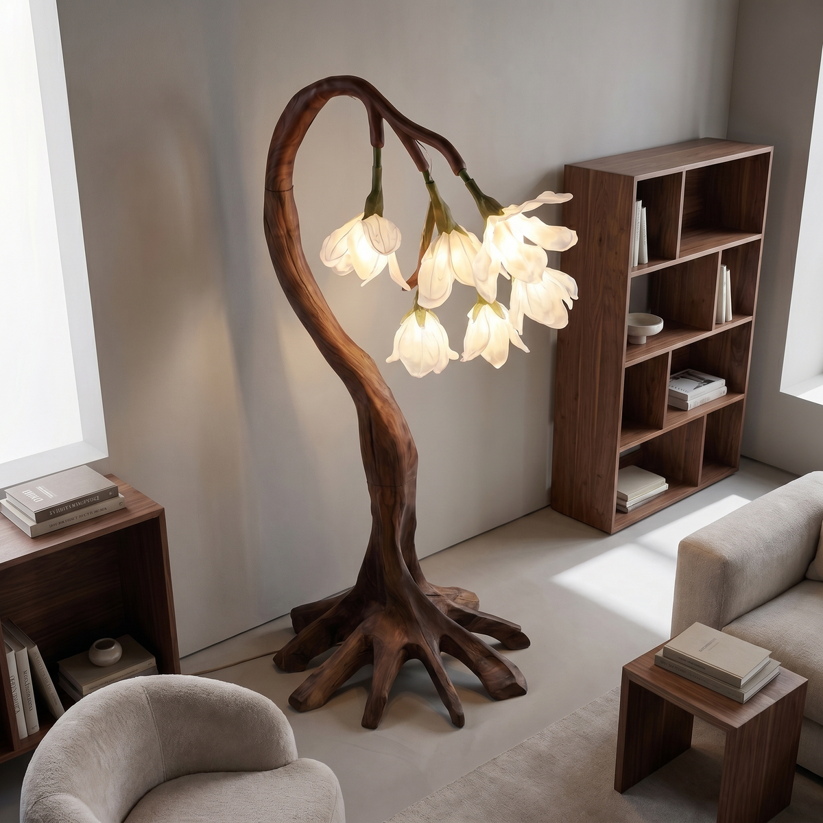 Petal Shade Floor Lamp on Curved Wood Branch Stand, 51 or 61 in