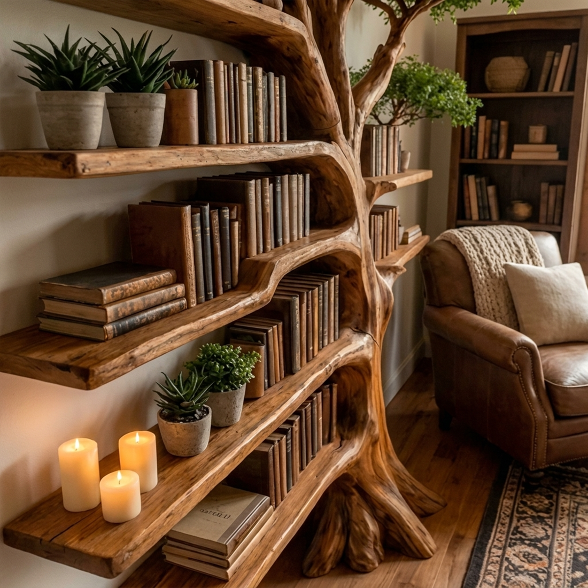 Tree Display Bookcase with Bench Seat for Reading Nooks, 70 x 80 in