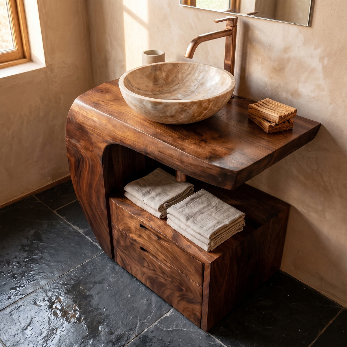 Modern Organic Wood Bathroom Vanity with Open Shelf Cabinet