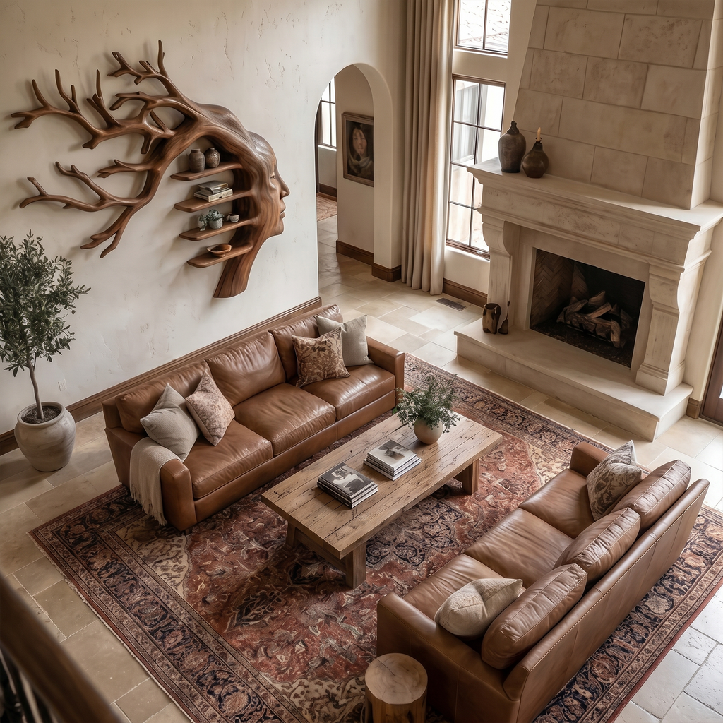Rustic Tree Branch Wooden Wall Art With Floating Shelves