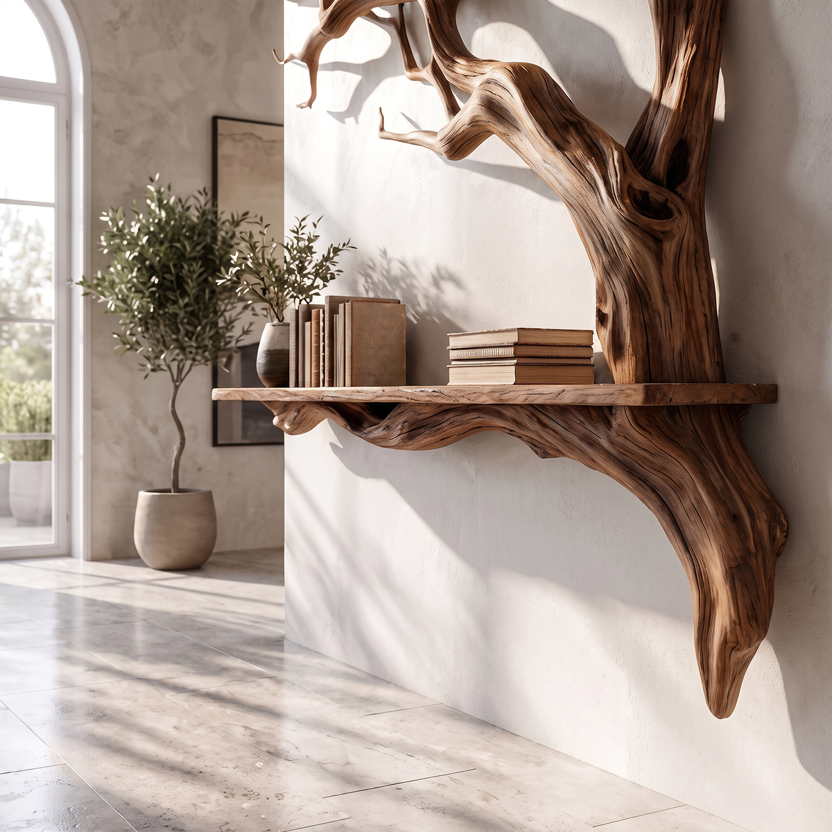 Wood Slab Ledge Wall Shelf with Carved Branch Accent, 32-47 in