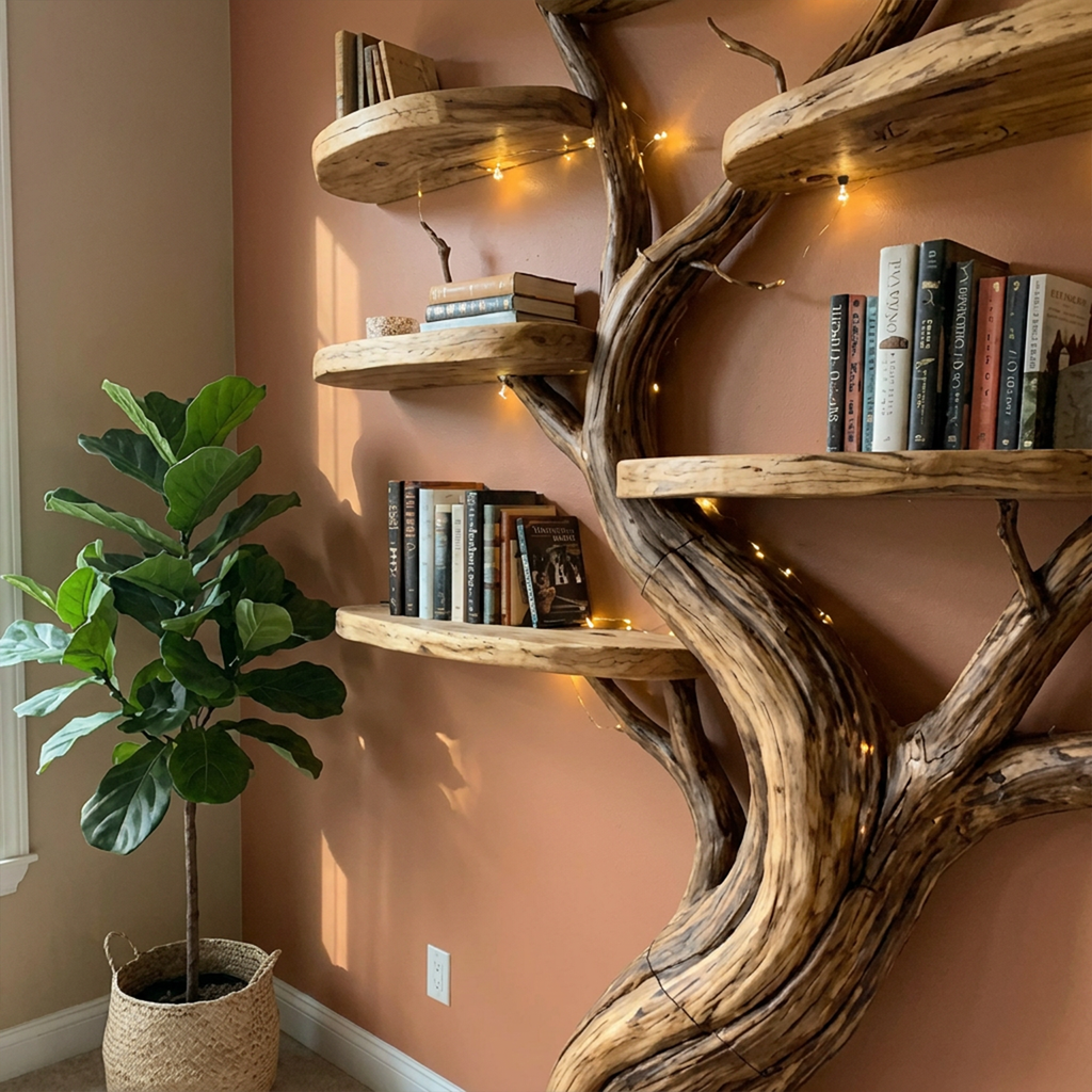 Blossom Branch Wall Bookshelf with Floating Shelves, 70 Inch Square