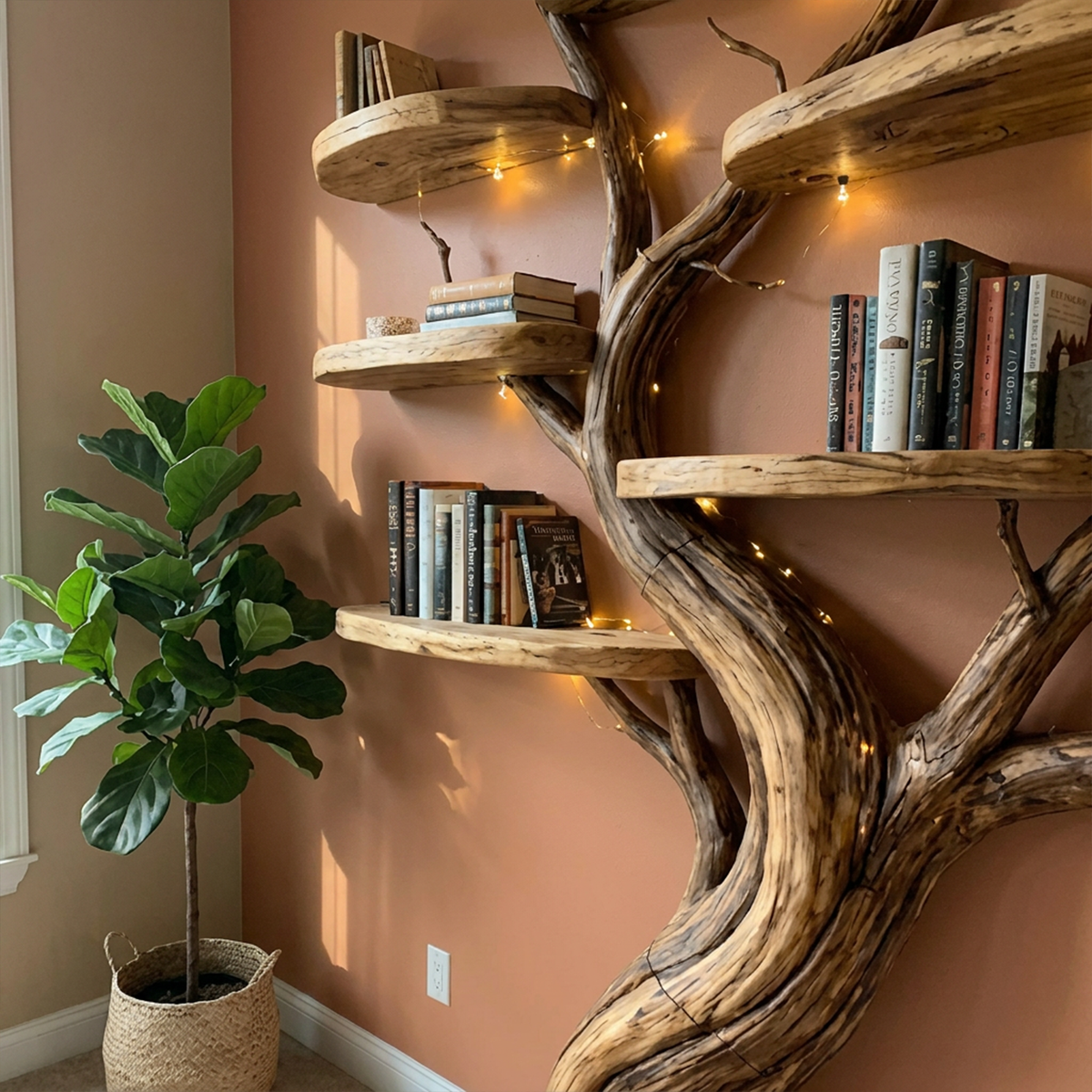 Blossom Branch Wall Bookshelf with Floating Shelves, 70 Inch Square