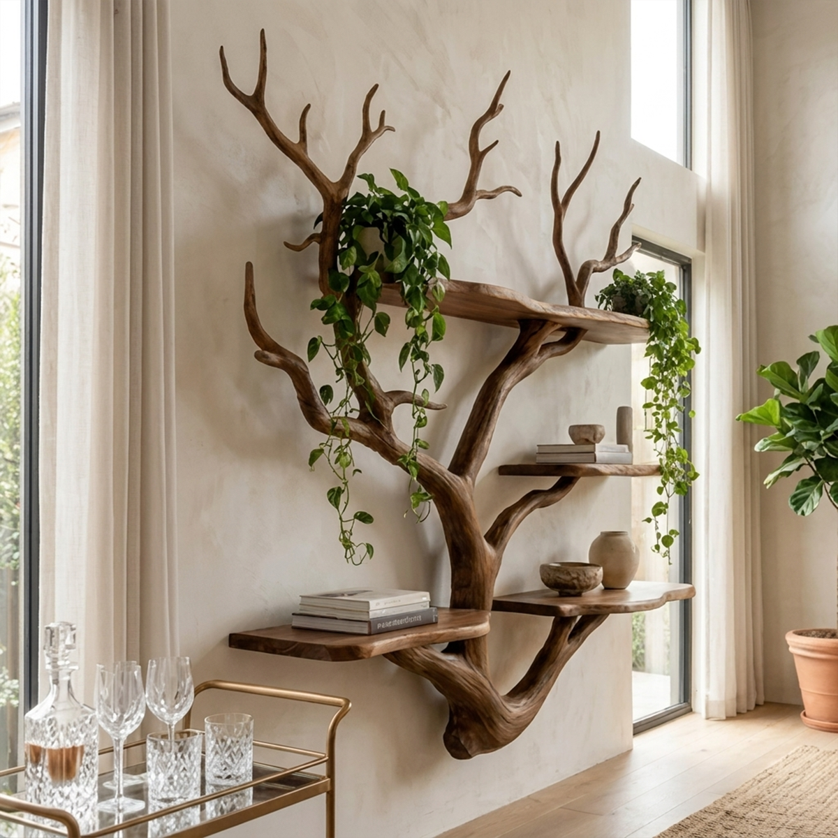 Modular Branch Wall Shelf for Studio and Study, 40 to 60 in Square