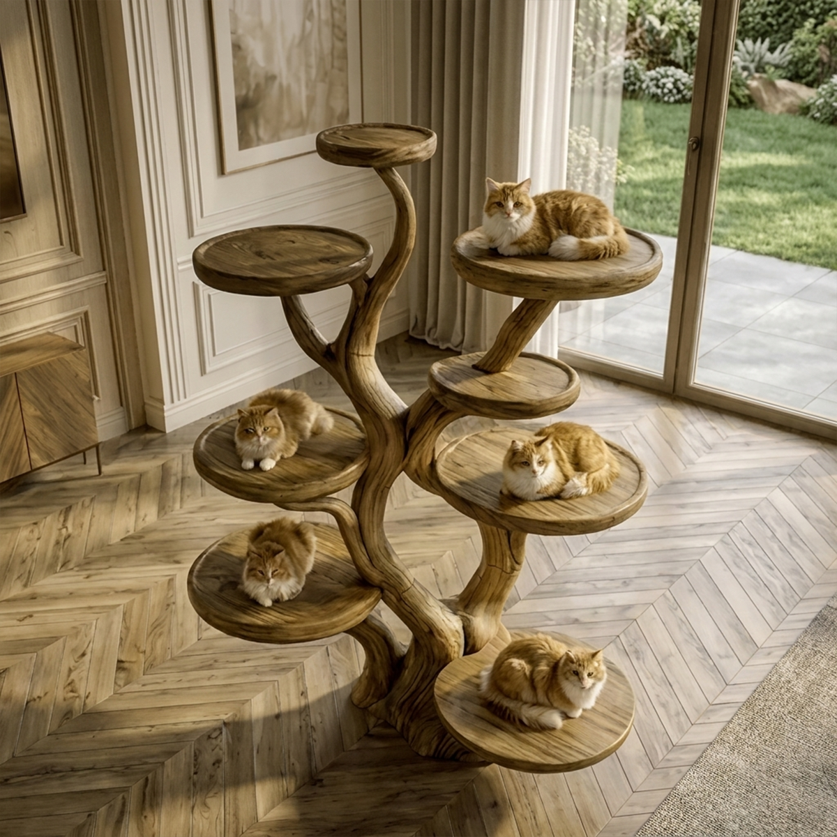 Curved Trunk Wood Cat Tree with Tiered Lounging Platforms, 59-80 in