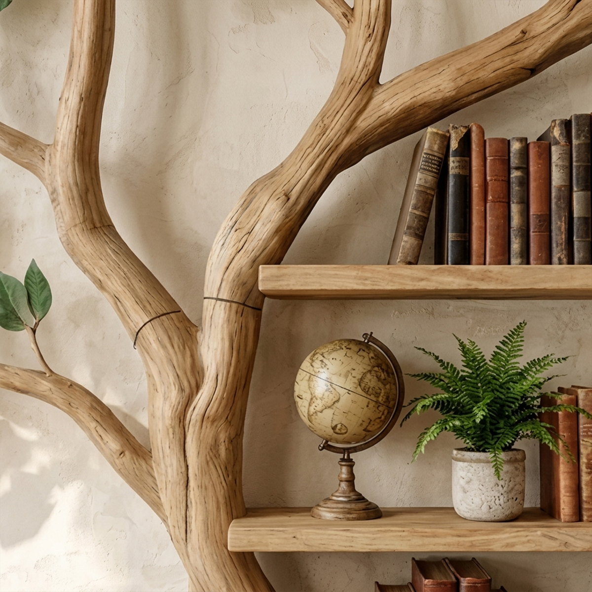 Tree Branch Bookshelf, Wall-Mounted Rustic Display for Living Room