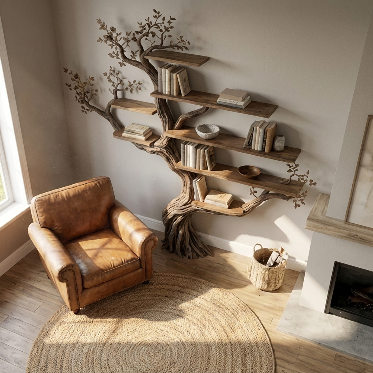 Floral-Style Branch Wall Bookcase, 70 x 70 Inch Living Room Feature