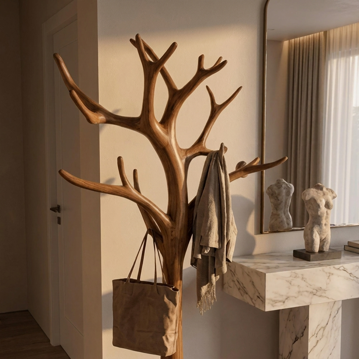Rustic Driftwood Tree Coat Rack for Entryway and Mudroom