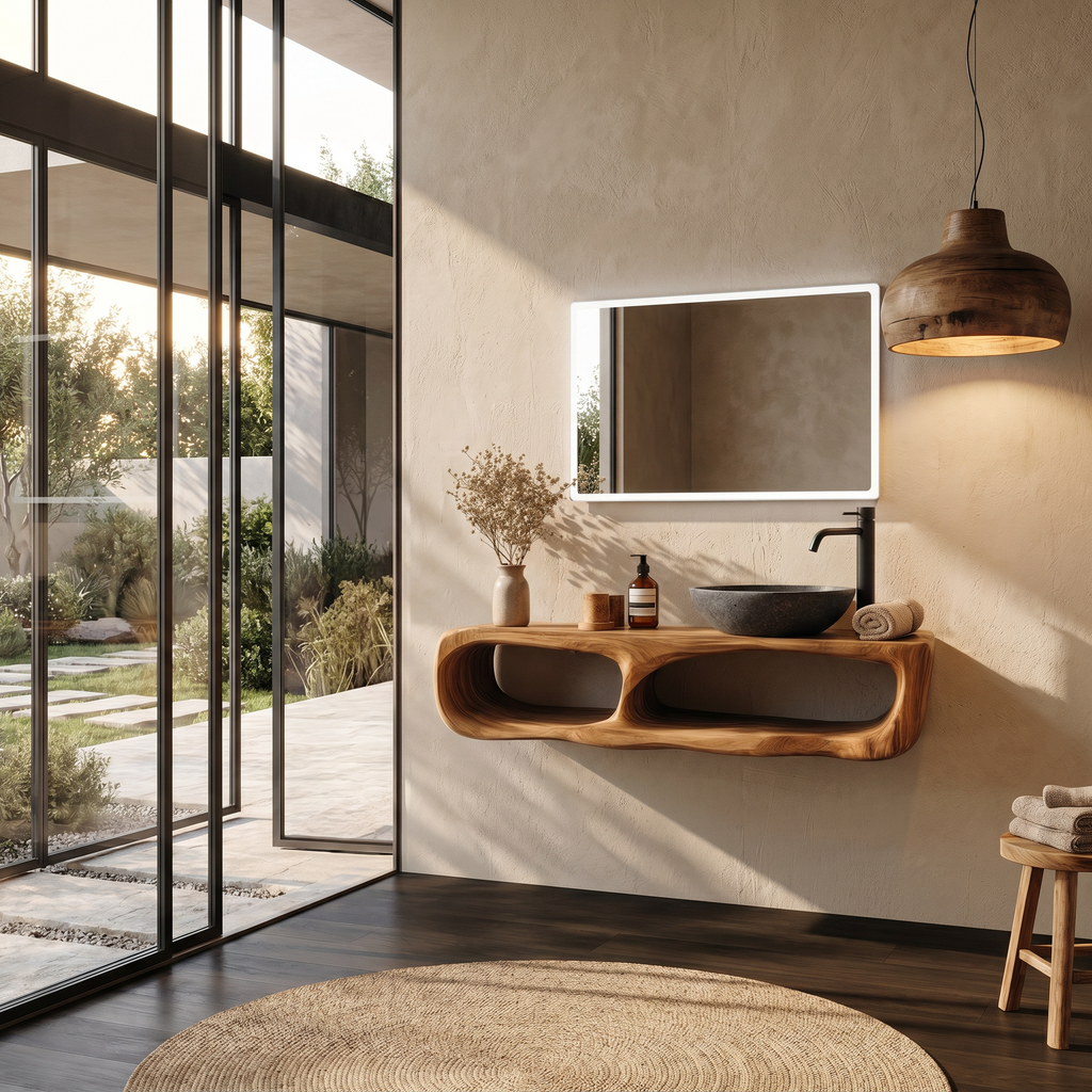 Floating Organic Wood Sink Console For Wall Mount Bathrooms, 43-51 In