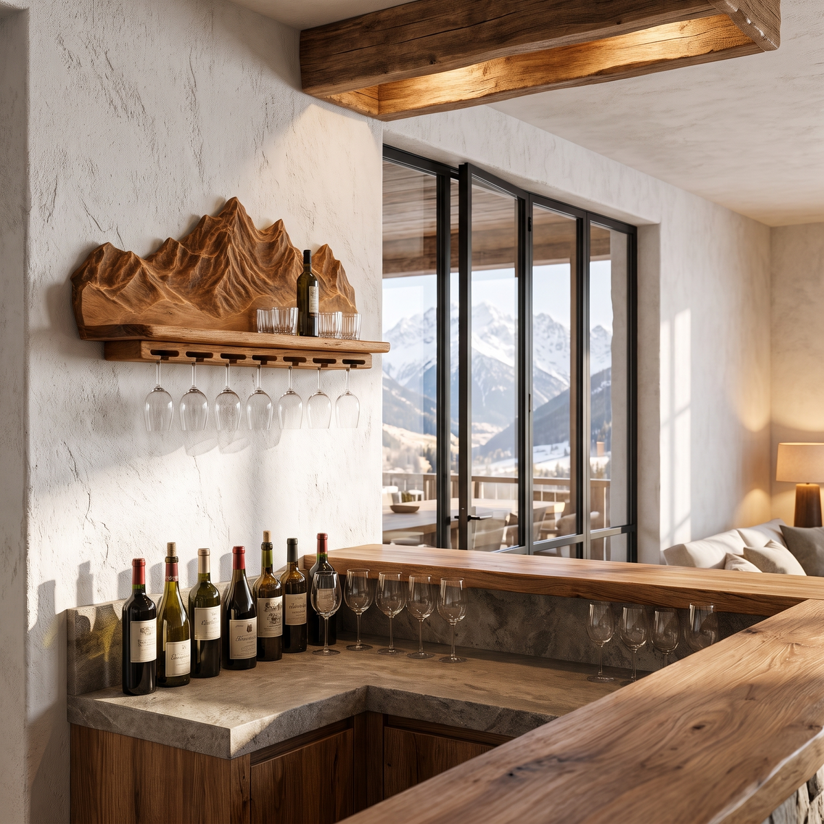 Nature Inspired Wall Wine Holder With Mountain Shelf For Home Bar