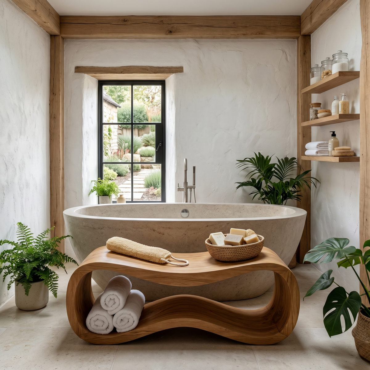 Wooden Shower Bench, Curved Sculptural Spa Seat with Storage Shelf