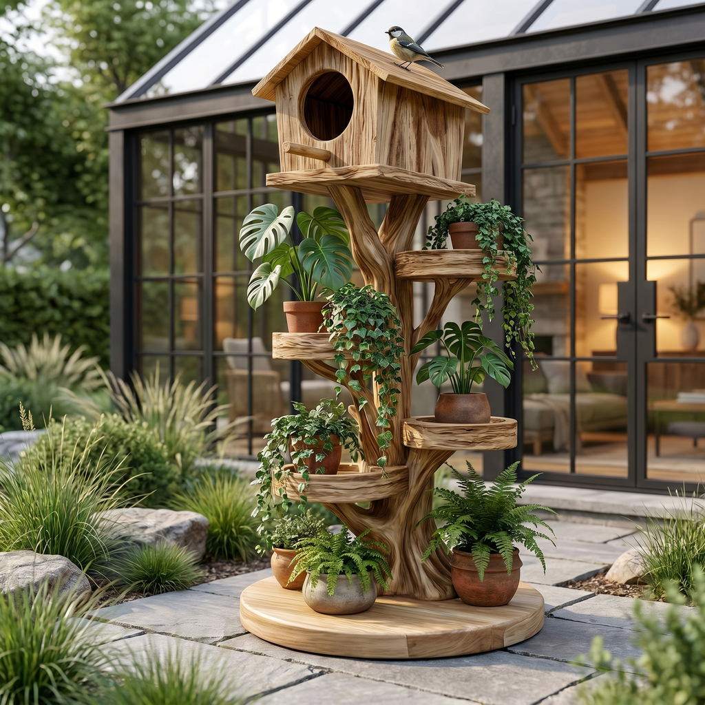 Rustic Tree Birdhouse With Built In Plant Stand For Garden