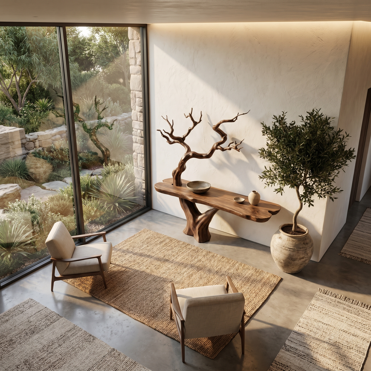 Rustic Live Edge Console Table With Sculptural Tree Branch Base