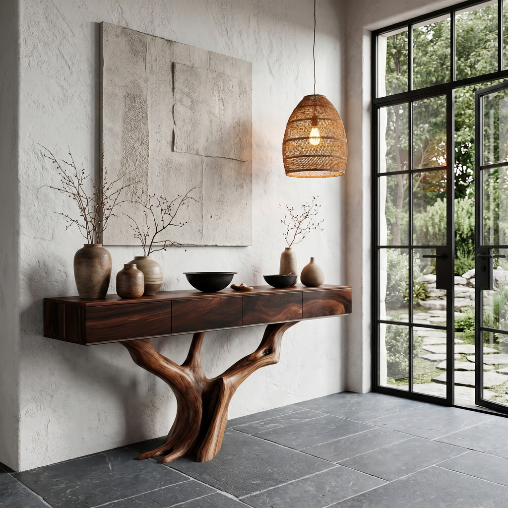 Rustic Live Edge Console Table With Sculptural Tree Branch Base