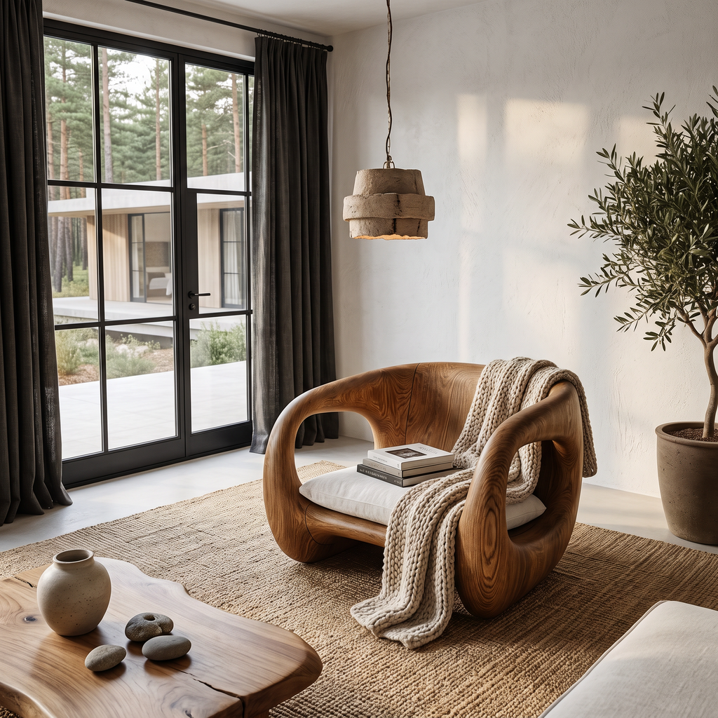 Curved Armrest Sculpted Wood Lounge Chair For Living Room