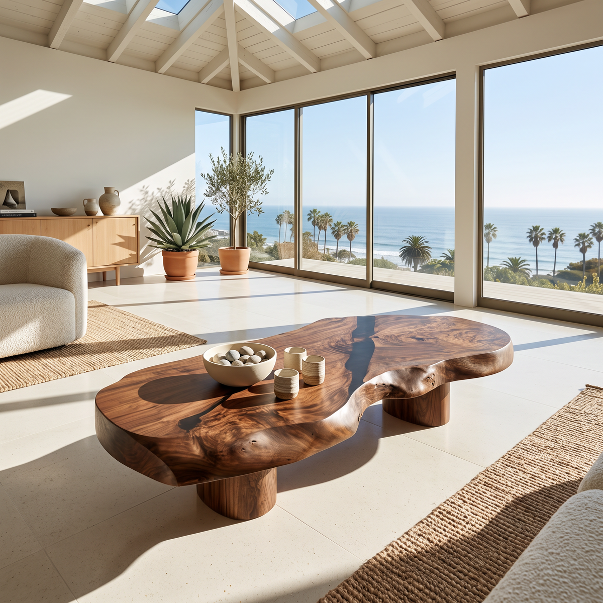 Modern Solid Wood Coffee Table With Sculptural Slab Top For Living Room