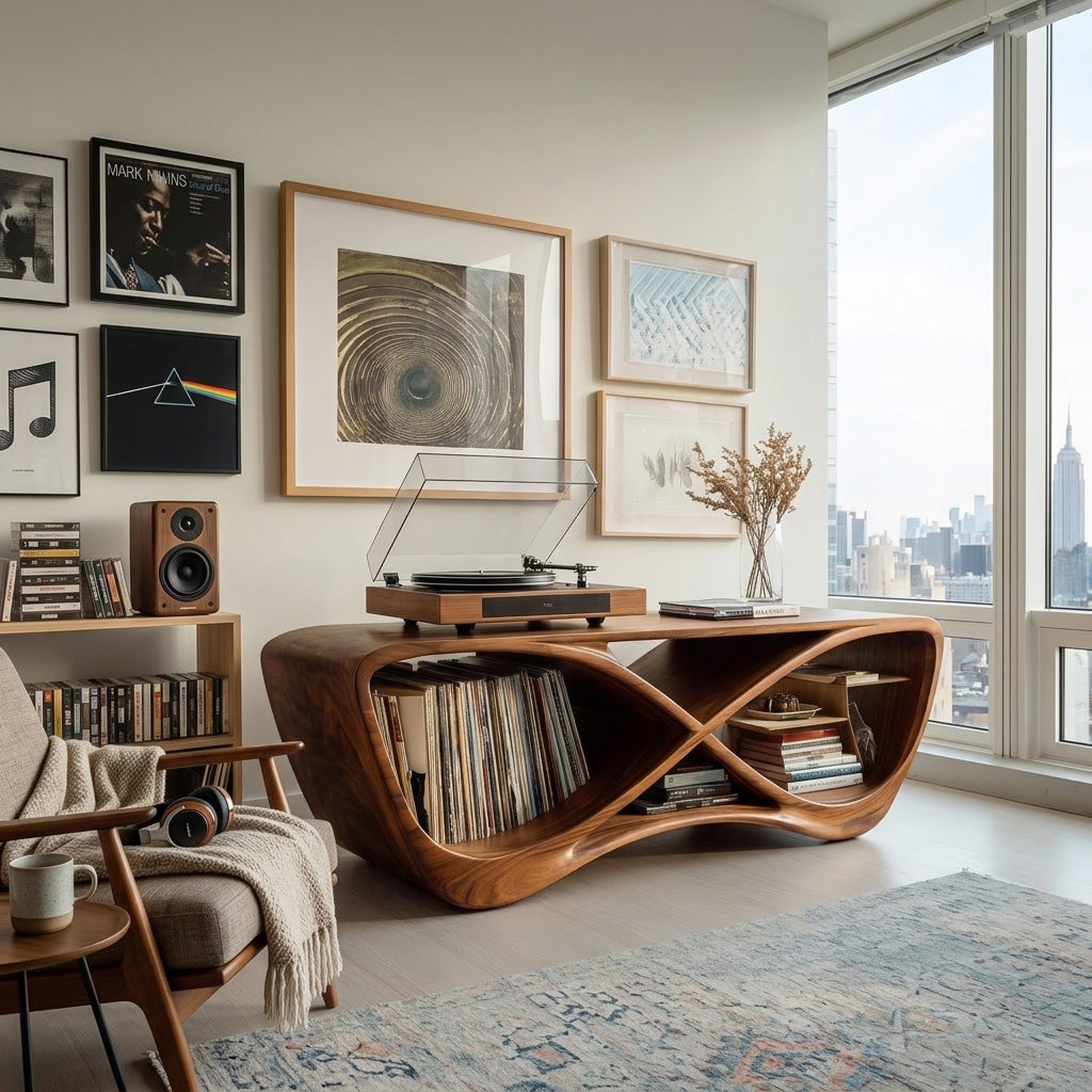 Curved Wood Turntable Console With Vinyl Album Storage