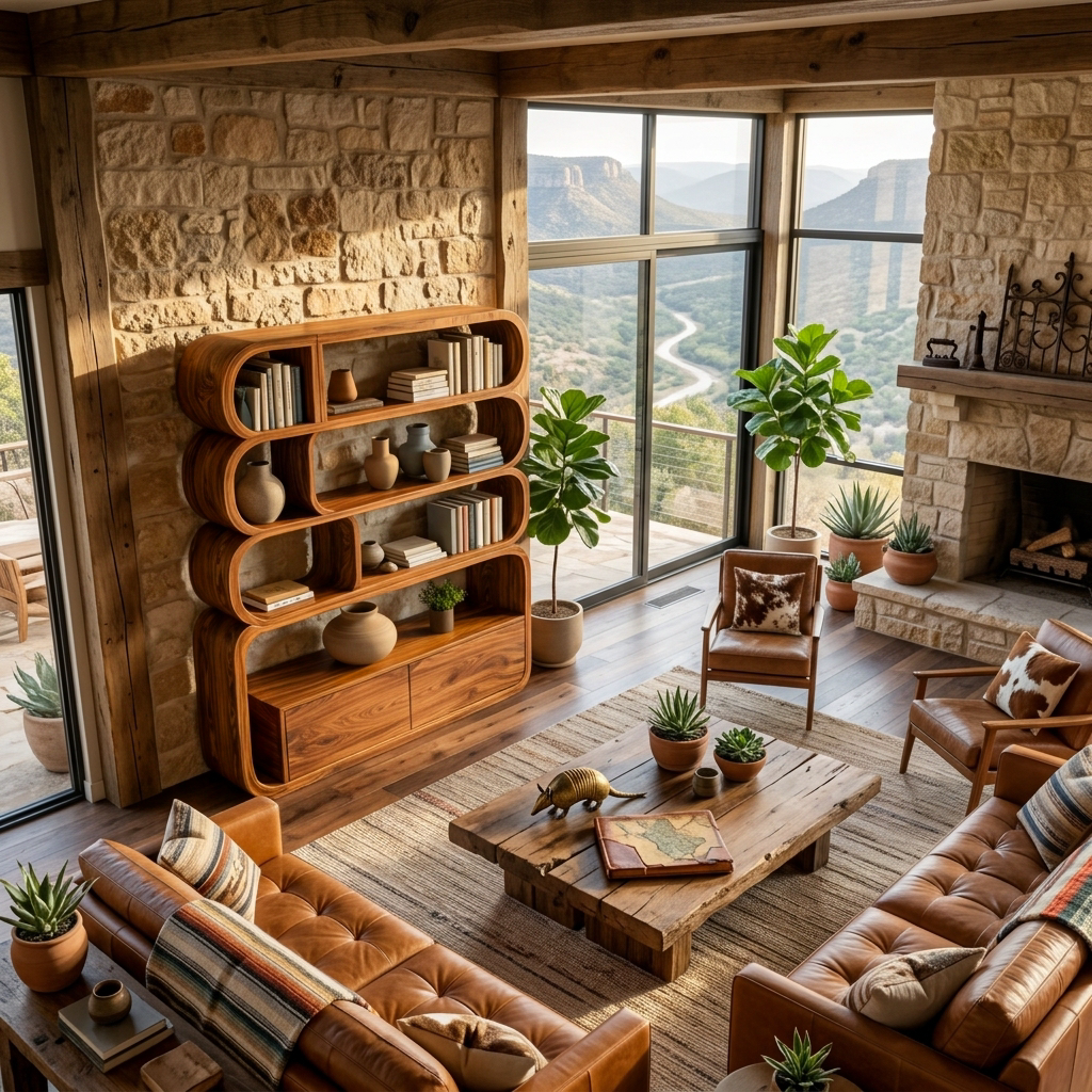 Modern Natural Wood Bookshelf With Curved Structure