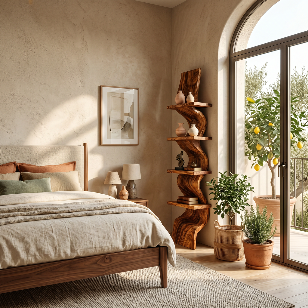 Central Spine Wave Wall Shelf in Wood, Tiered, 47 to 70 in Tall