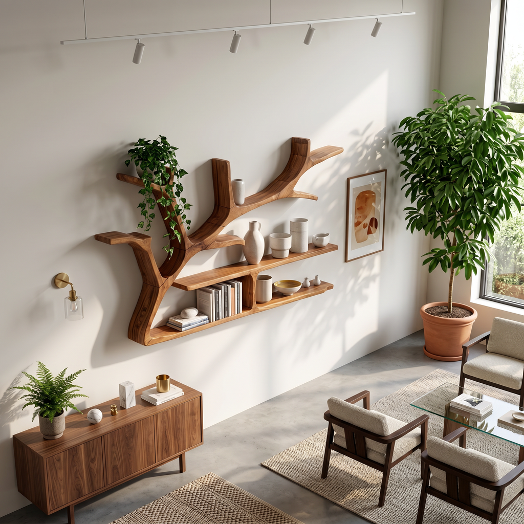 Rustic Tree Branch Floating Shelves For Living Room