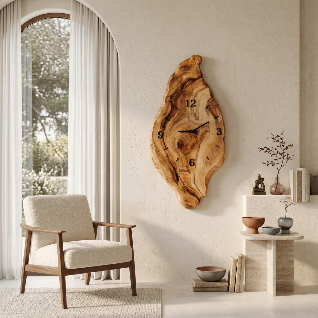 Rustic Wall Clock with Live Edge Design, Handcrafted Organic Solid Wood Silent Round