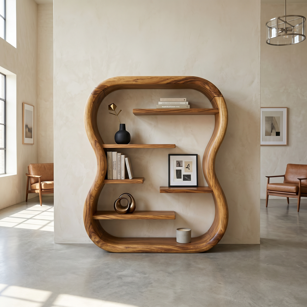 Curved Frame Organic Wood Bookshelf With Botanical Details