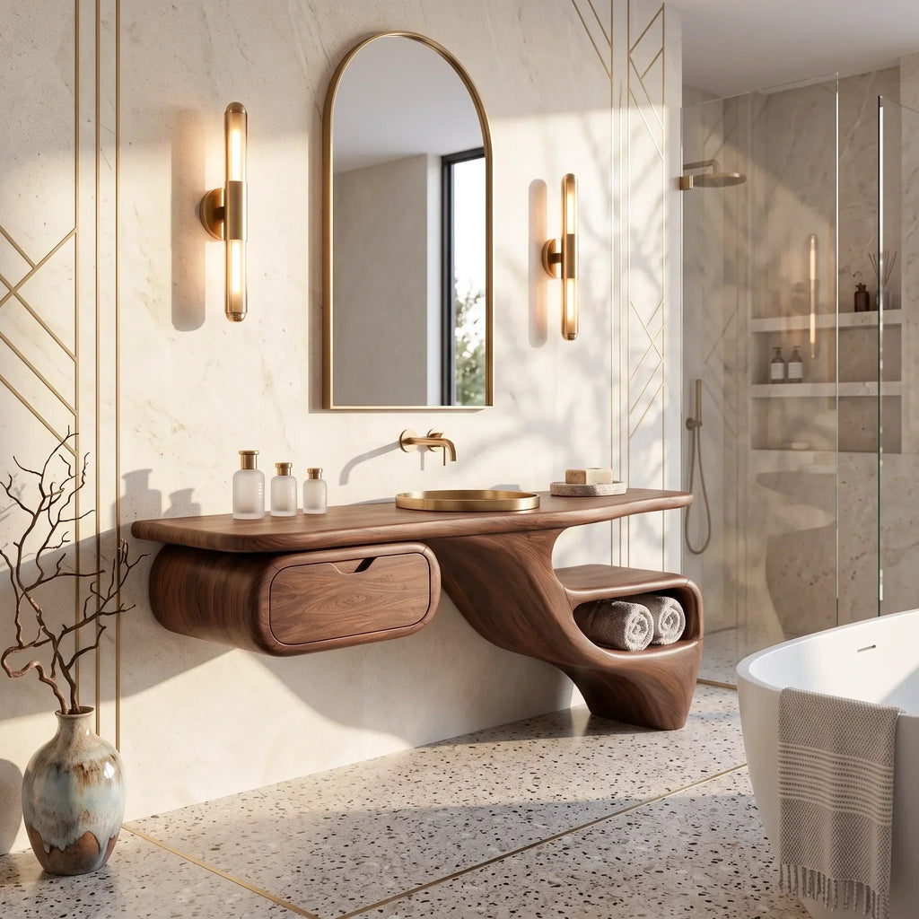 Sculptural Bathroom Vanity Flowing Shelves With Storage For Luxury Bathroom