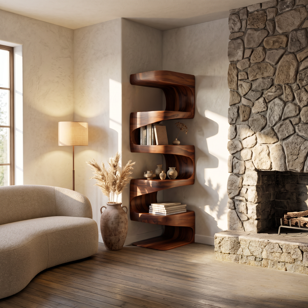 Flowing Wave Corner Shelf Unit in Solid Wood, 47 to 63 Inches Tall