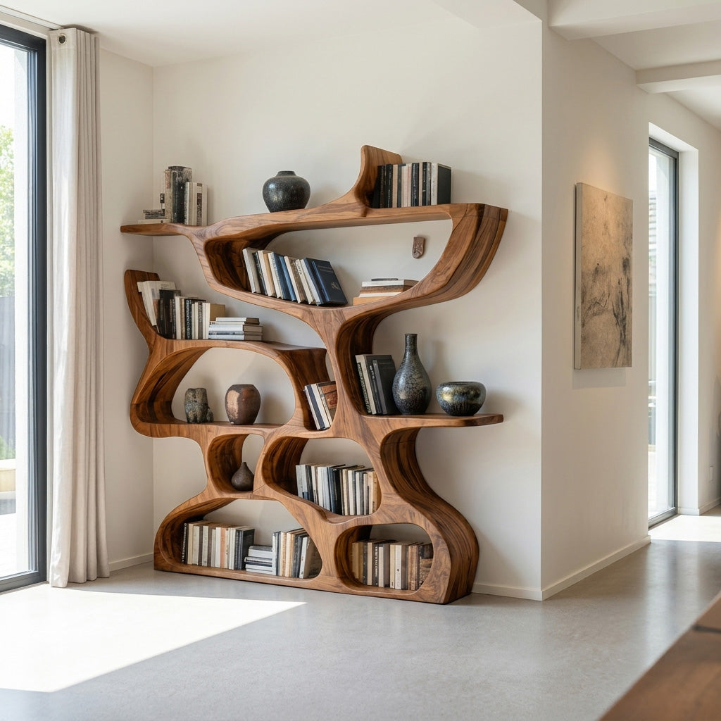Freeform Carved Wood Bookcase with Irregular Open Cubbies, 47-79 In Tall