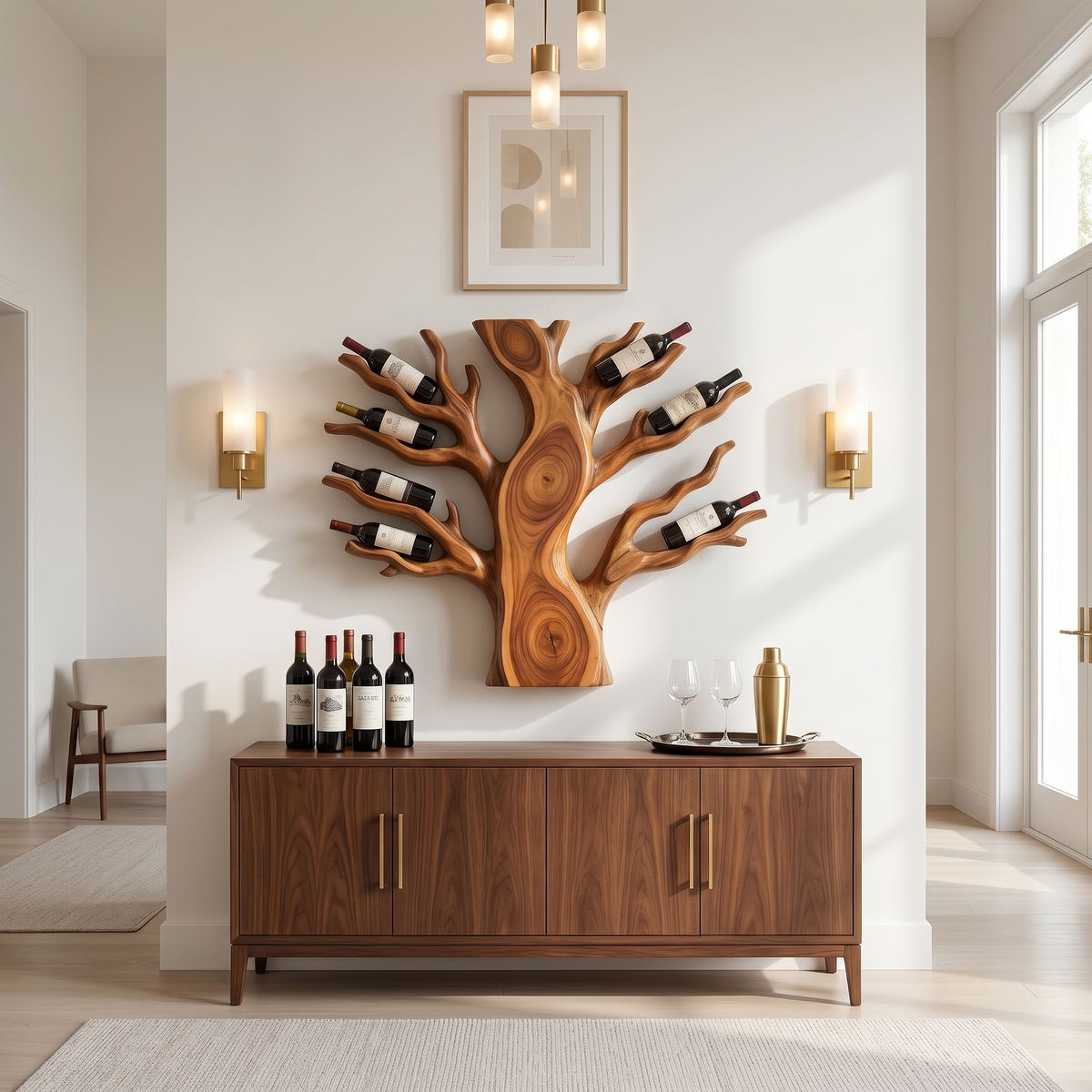 Floating Wall Wine Rack In Solid Wood For Living Rooms, 64 to 76 Inch