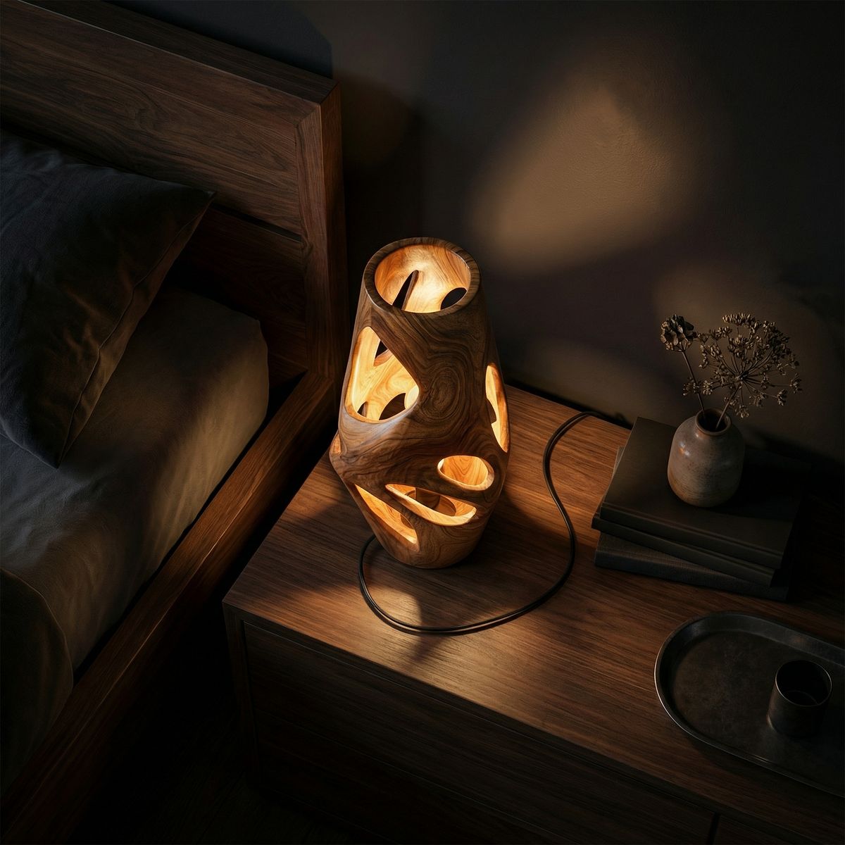 Wood Table Lamp, Industrial Ambient Bedside Light for Lounge or Bar