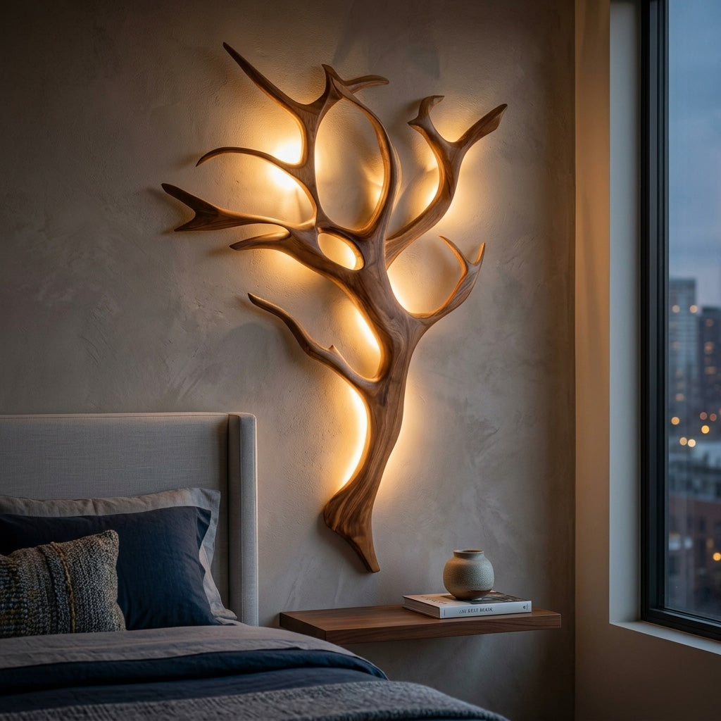 Handcrafted Wood Tree Branch Wall Lamp with Integrated Lighting