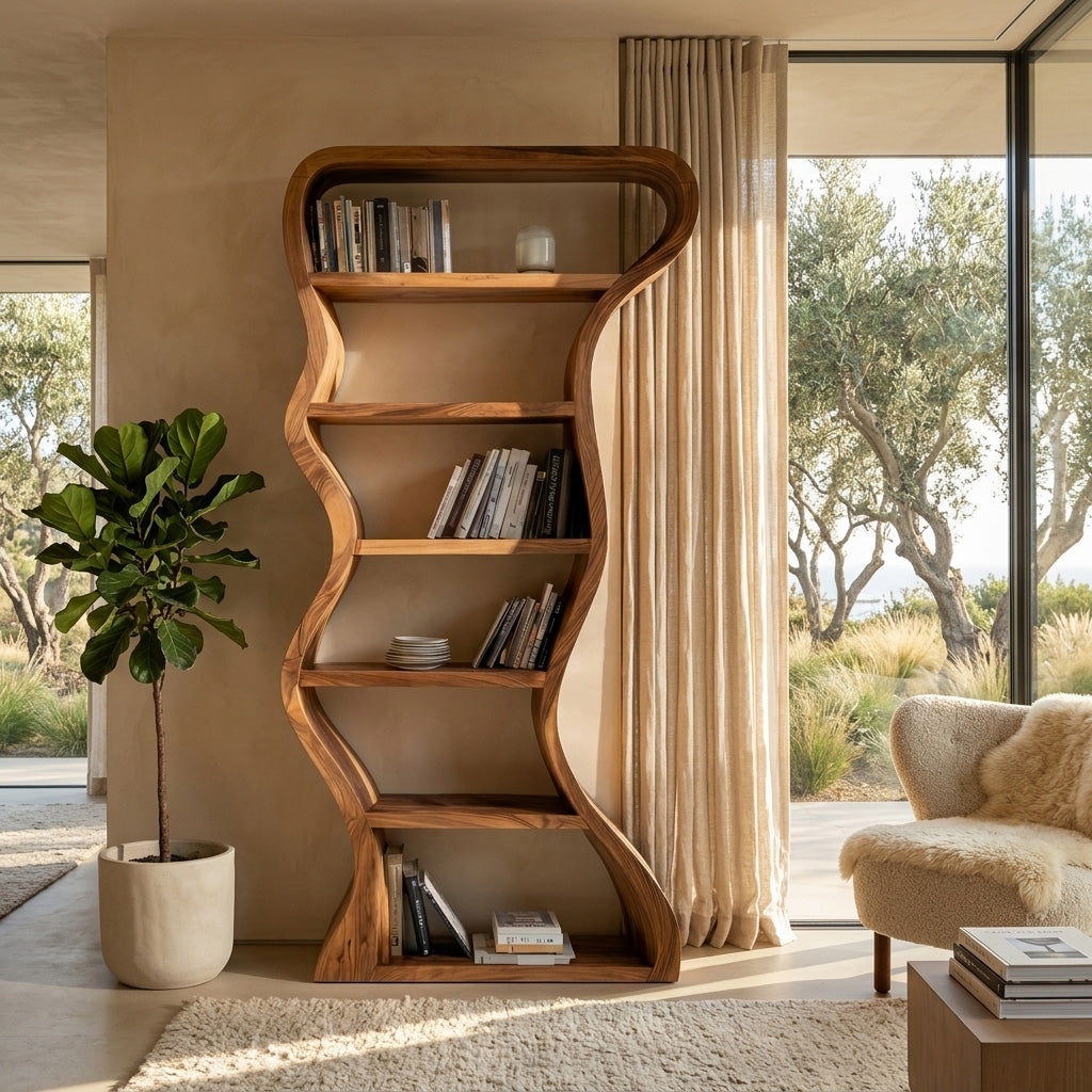 Extra-Tall Wavy-Sided Wood Bookcase, 71 to 86 Inches High