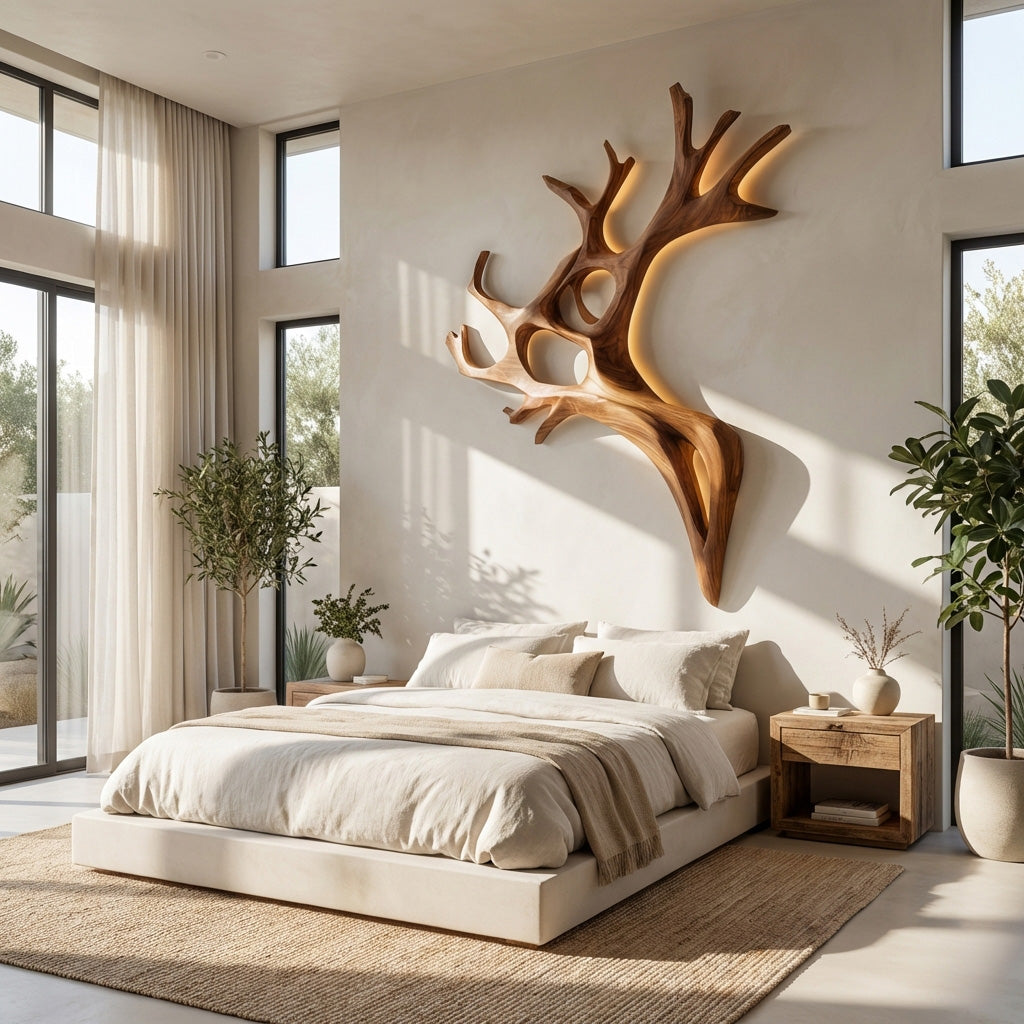 Backlit Carved Branch Wall Lamp, Sculptural Wood, 47 to 63 Inch Tall