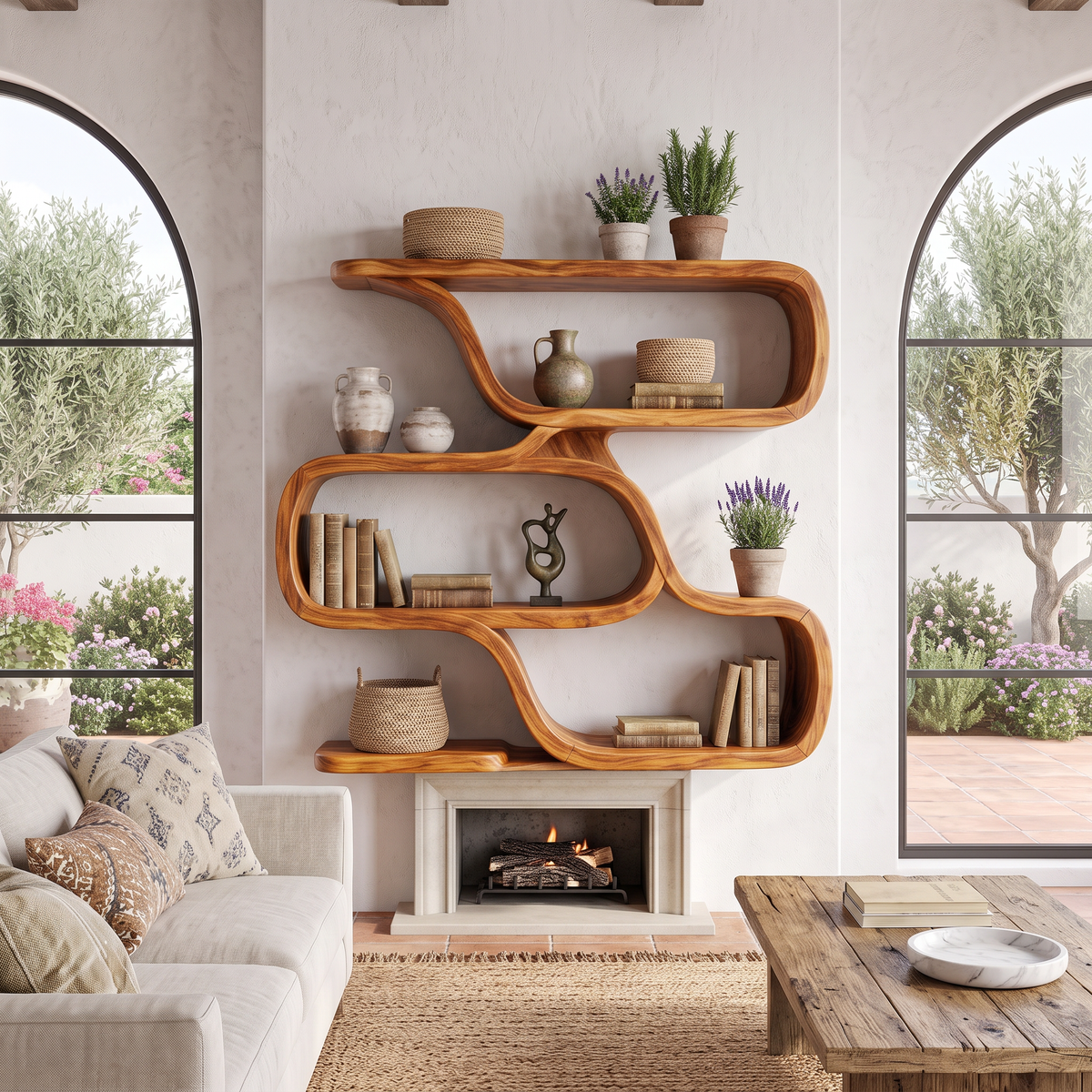 Rounded Open Wood Wall Shelving Unit For Entryways, 50 To 76 Inch